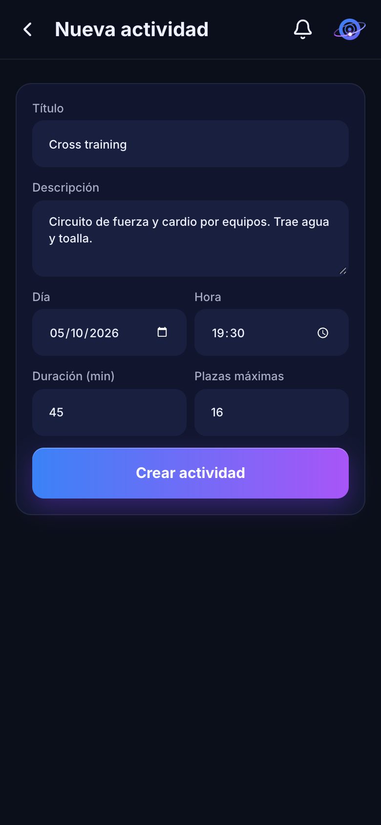 Crear una actividad con plazas limitadas