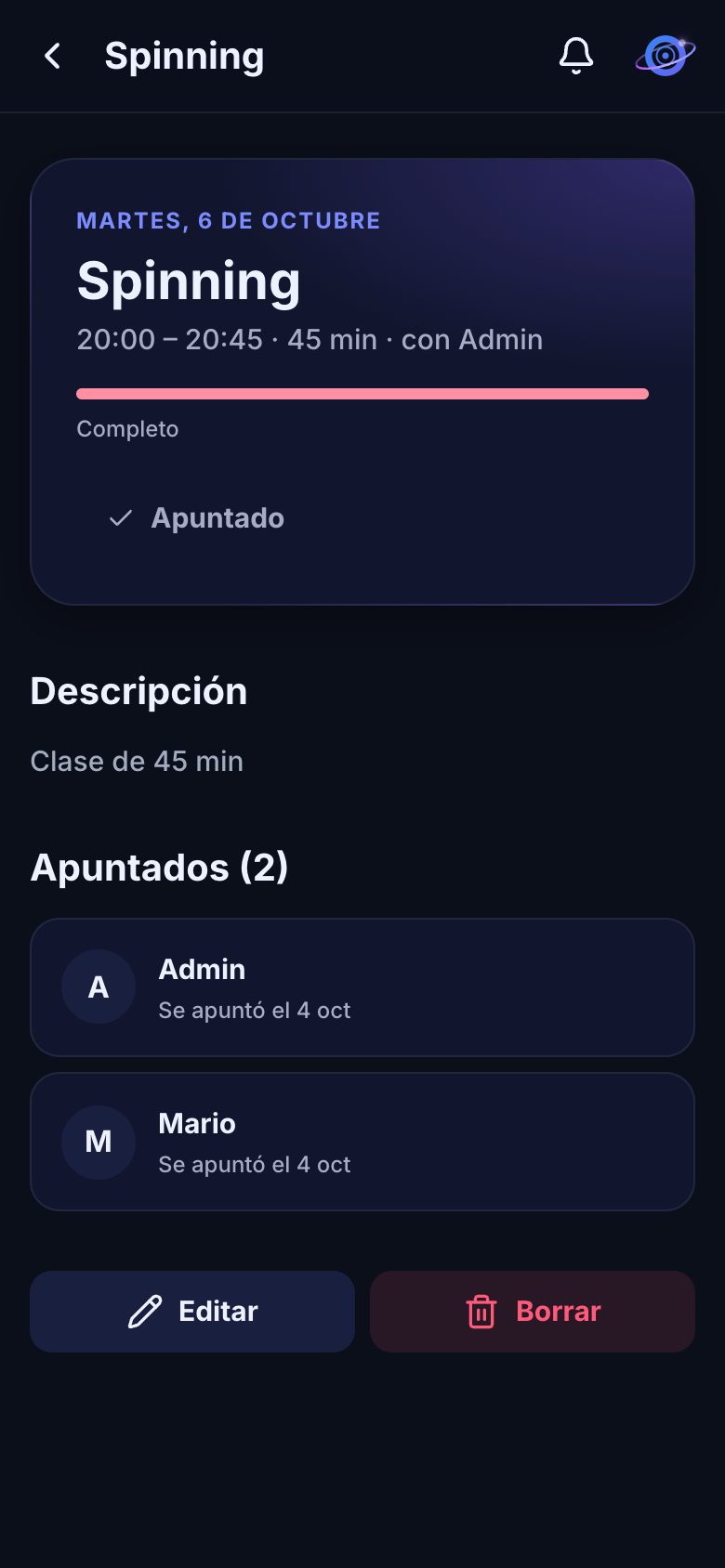 Detalle de una clase con plazas y apuntados