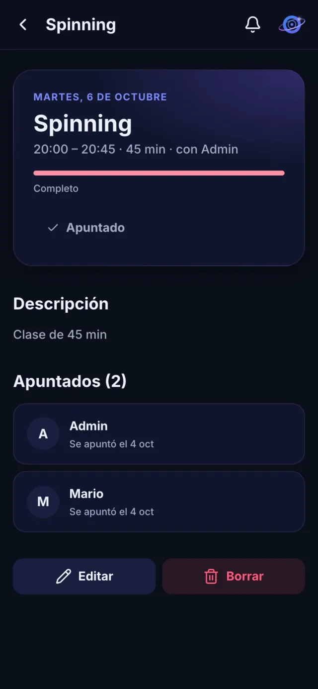 Detalle de una clase con plazas y apuntados