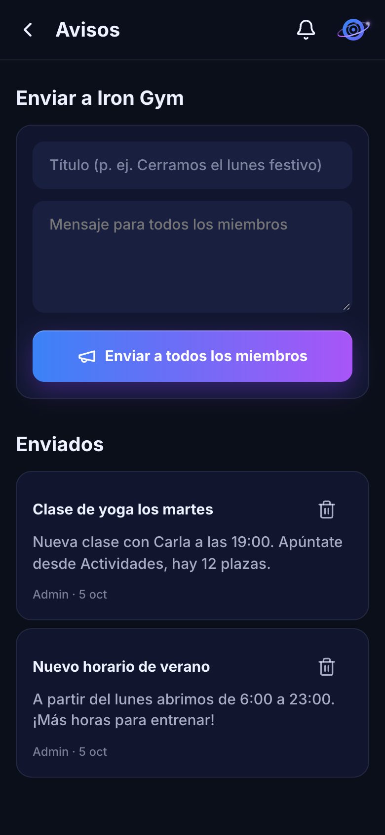 Avisos enviados a todos los miembros