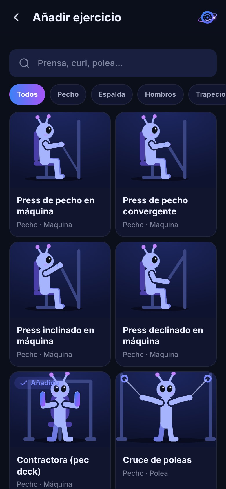 Catálogo de 114 ejercicios con buscador y filtros
