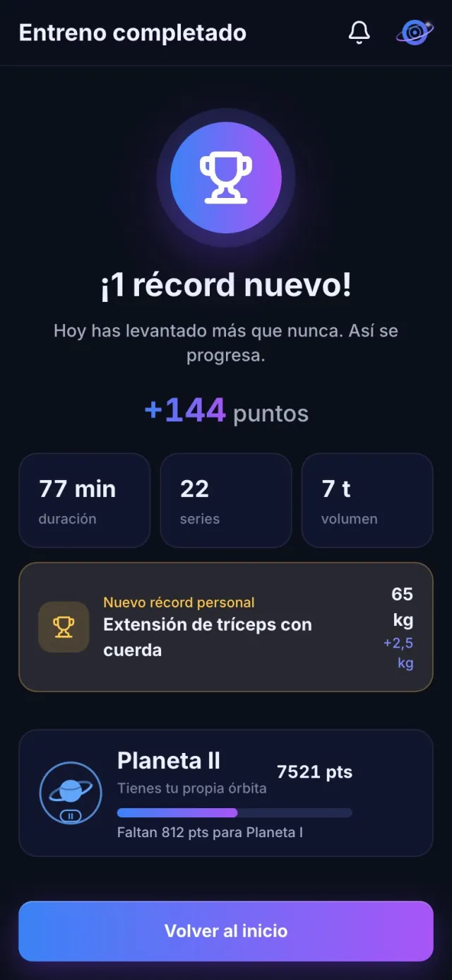 Entreno completado con récord personal y puntos ganados