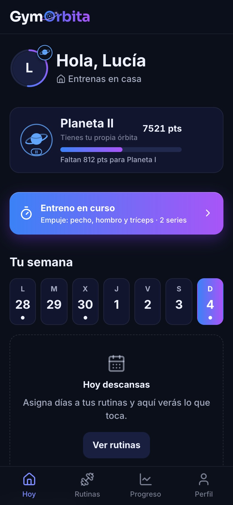 Pantalla Hoy de GymOrbita con la rutina del día y la semana