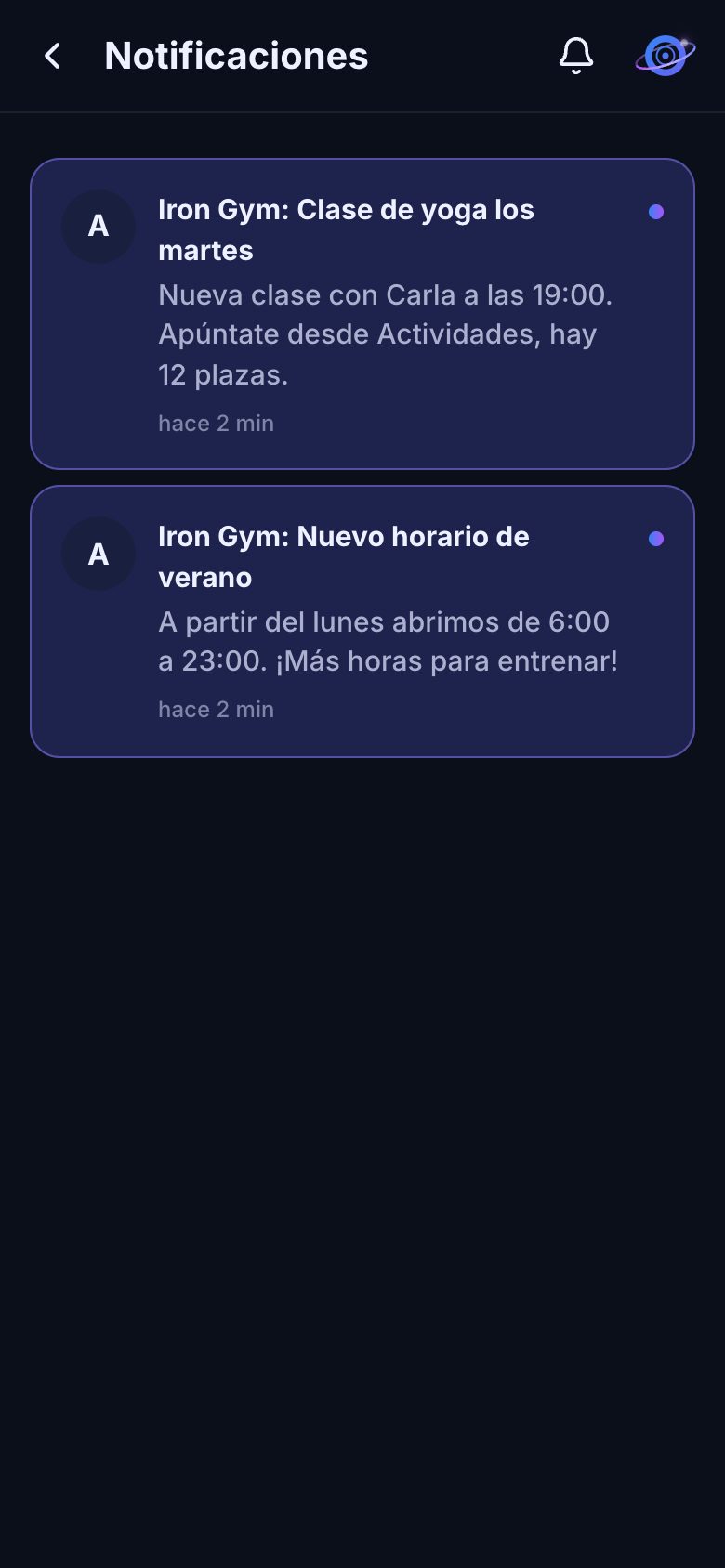 Notificaciones del gimnasio y de los gymbros