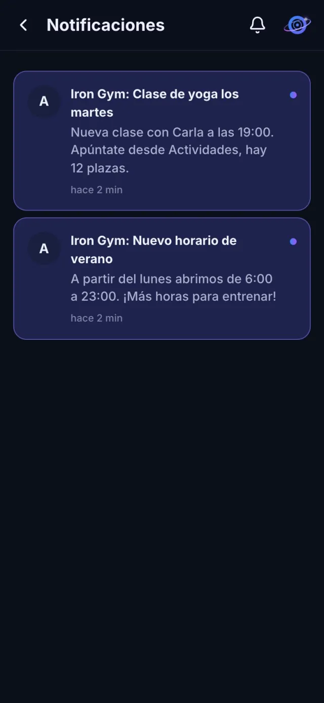 Notificaciones del gimnasio y de los gymbros
